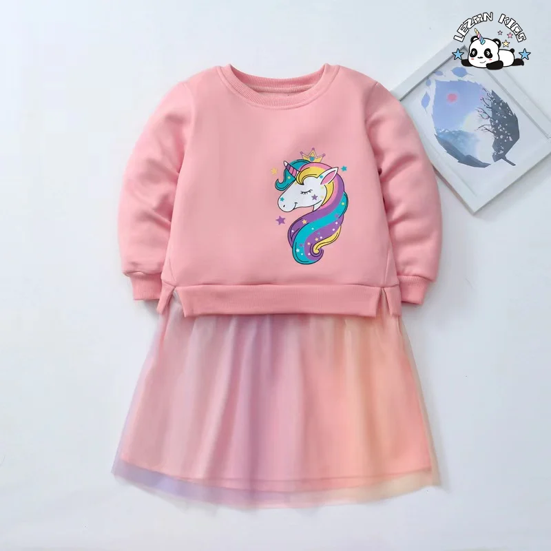 LEZONKIDS - Wholesale Autumn Long Sleeve Kids Dress Cute unicorn Sequin Patches Sweatshirt Tutu Girls Dress
